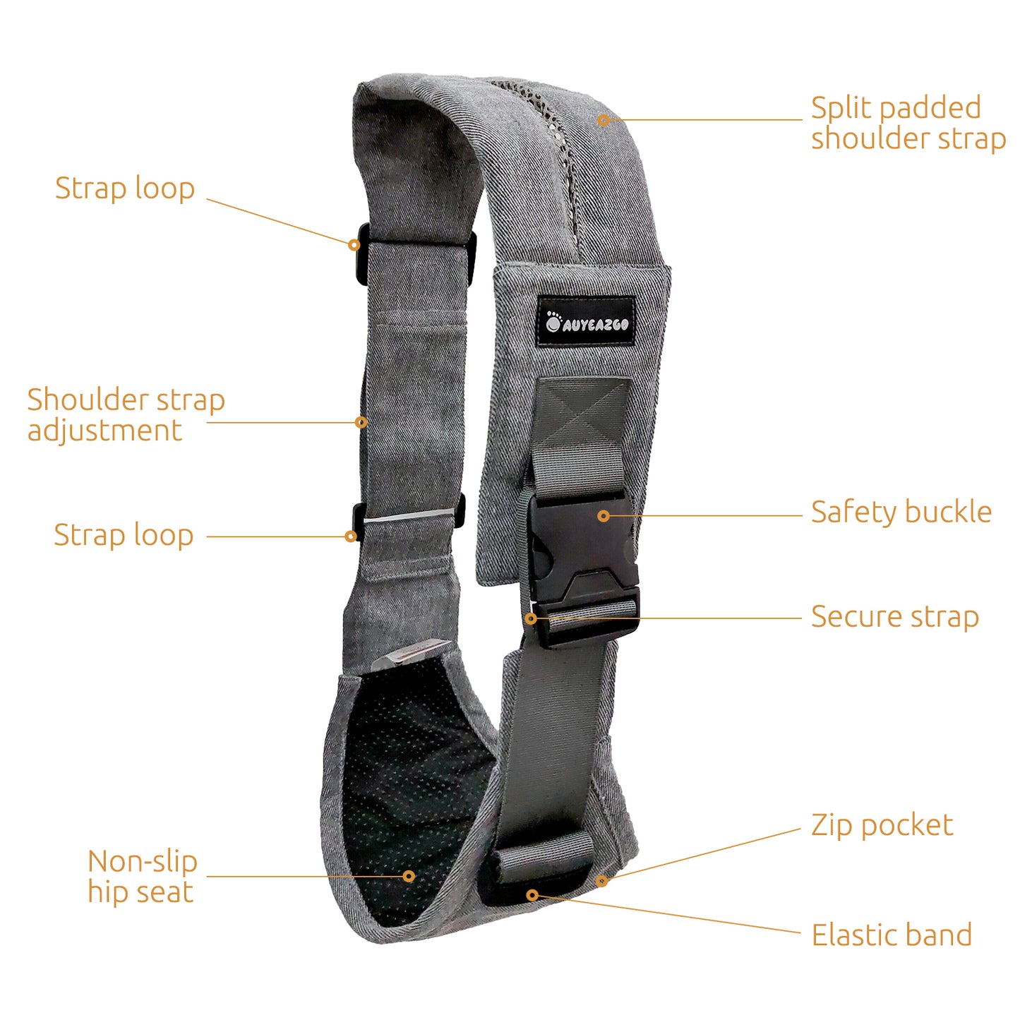 Toddler Sling, AUYEAZGO Ergonomic Baby Sling with Adjustable Strap, Soft Padding & Non-Slip Hip Seat, Perfect for Infant and Toddler(7-44 lbs), Premium Cotton, Steel Gray